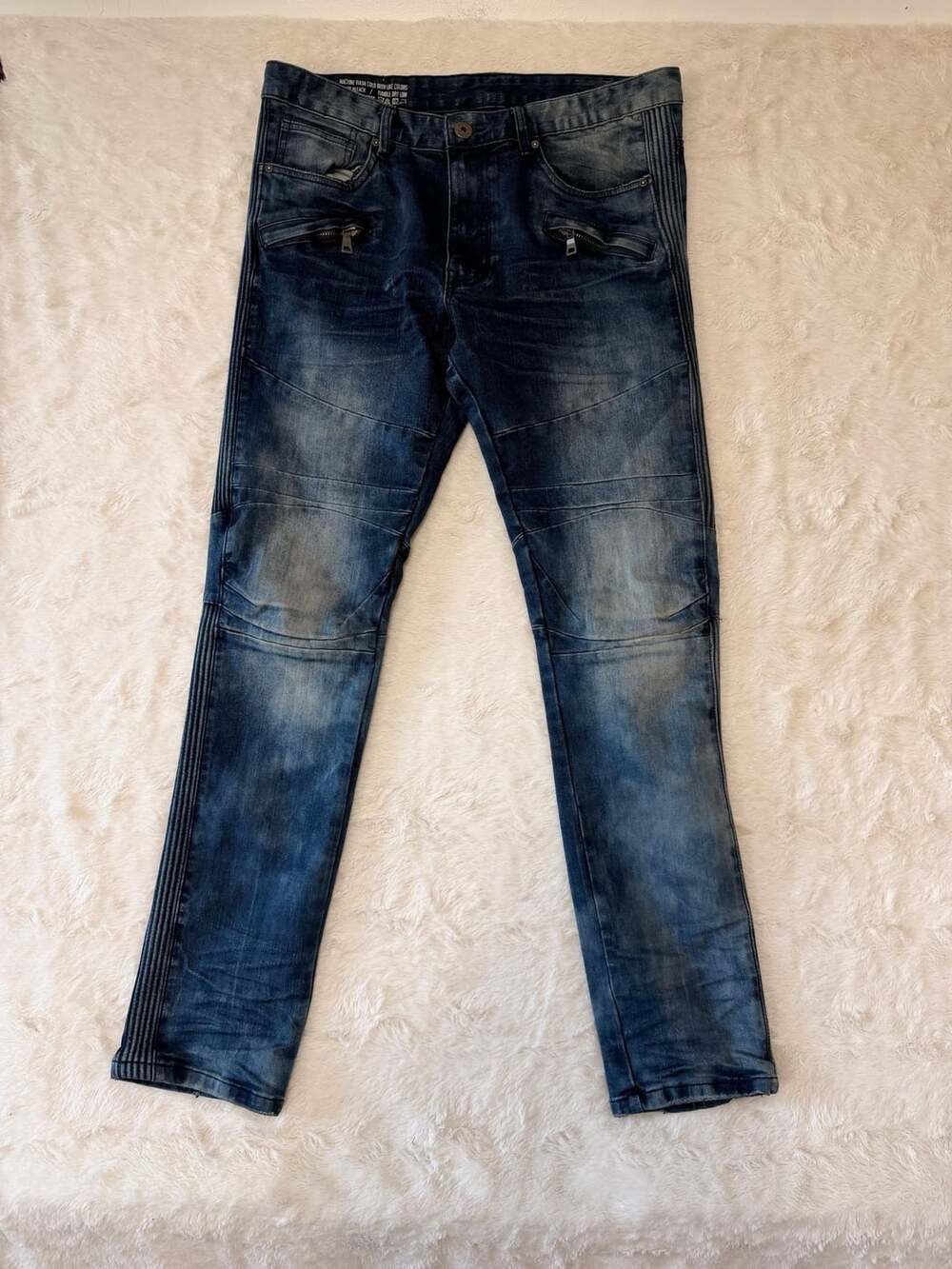 Smoke Rise | Men's Distressed Blue Moto Biker Jeans Zip Pockets Size 36x32